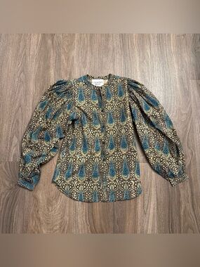 Laurence Bras brown and green balloon sleeve button down cotton top size 2.